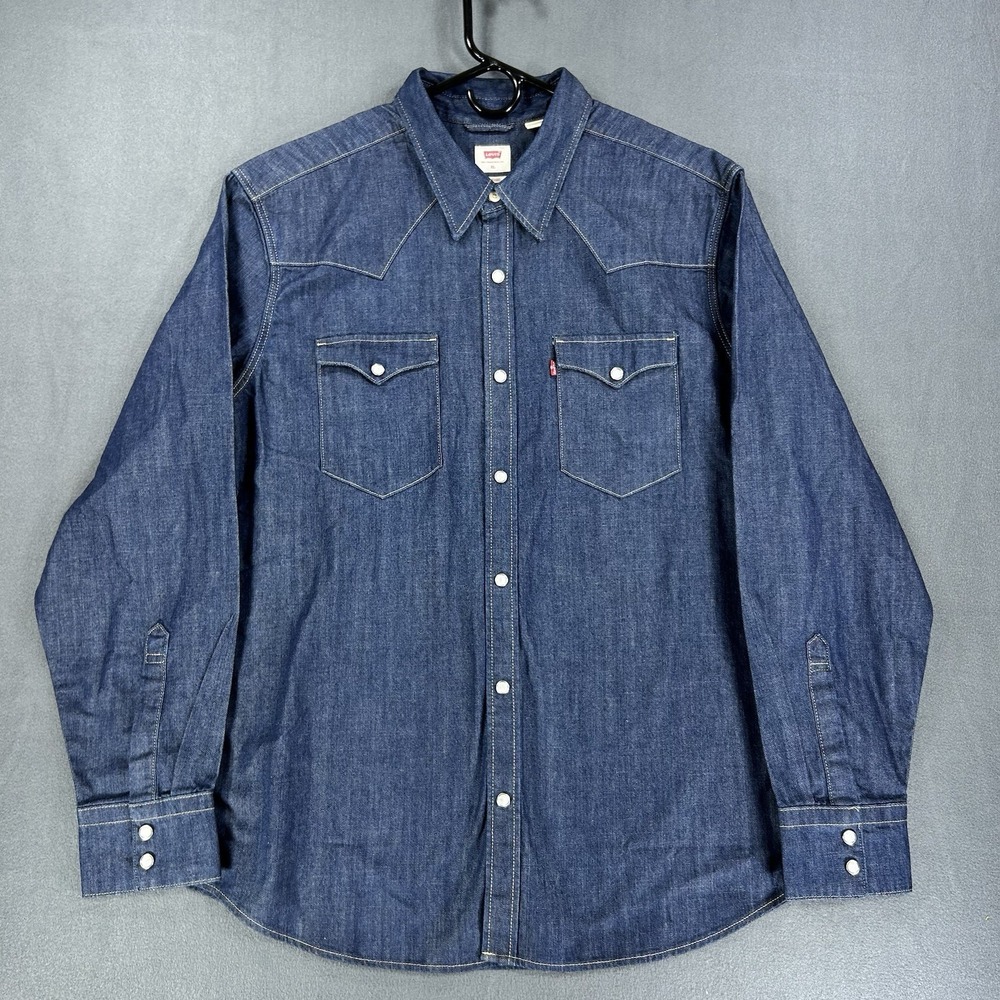 Levis Denim Pearl snap Shirt Mens XL Blue Dark Wash Western Rodeo Standard Fit